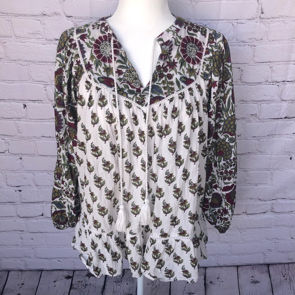 Rachel Zoe Blouse White Green and Pink Floral Print Boho Peasant Top